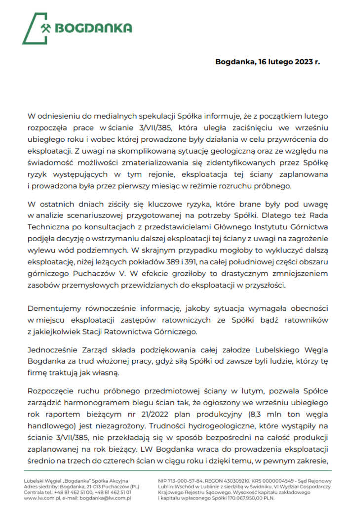 LW Bogdanka: „Plan produkcyjny jest niezagrożony” 2 Oświadczenie Bogdanki_01.png