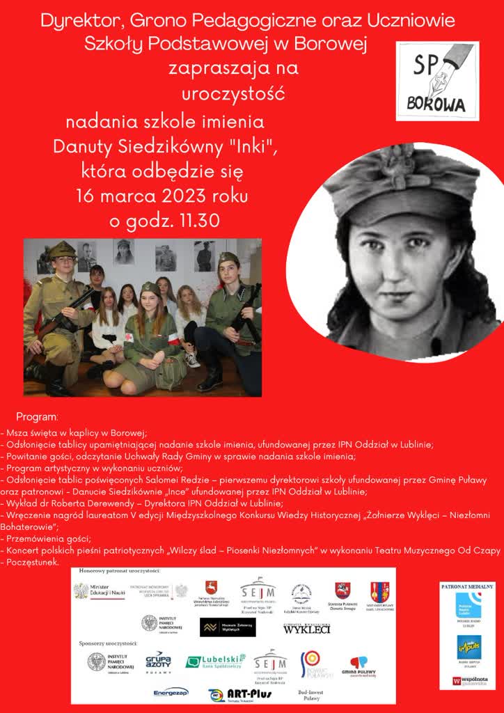 Danuta Siedzikówna "Inka" zostanie patronką szkoły w Borowej 2 PLAKAT (1).jpg