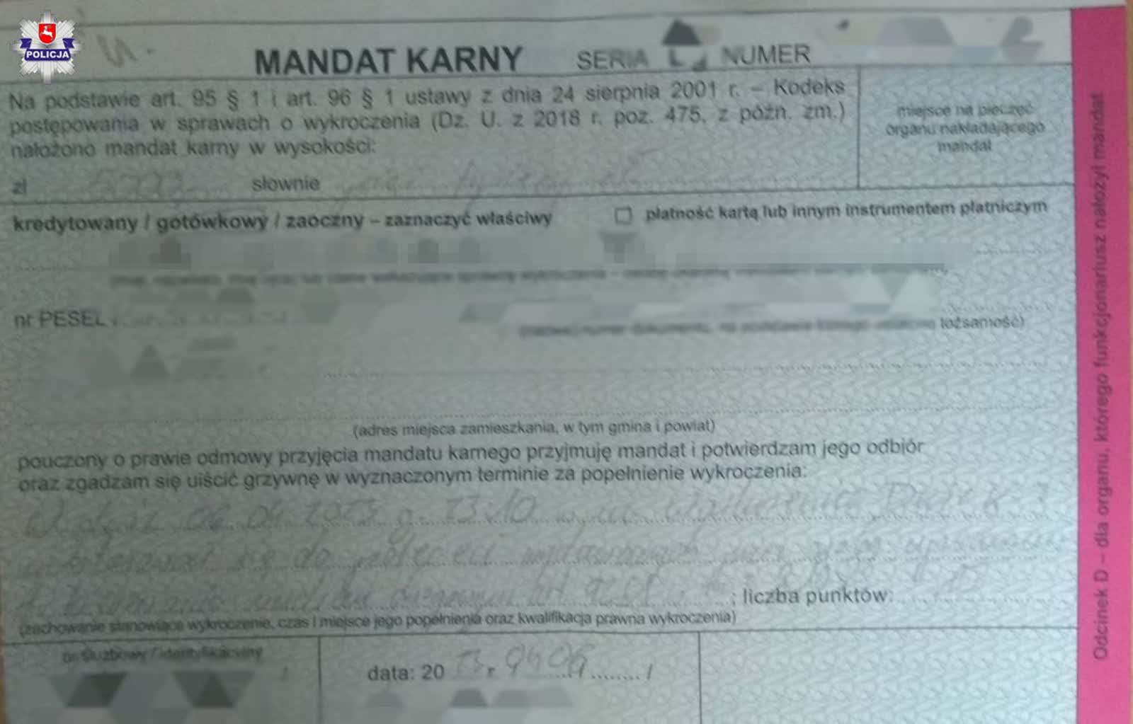 Odmówił poddania się kontroli, bo miał urodziny. 5 tys. zł mandatu dla agresywnego kierowcy 2 mandat.jpg