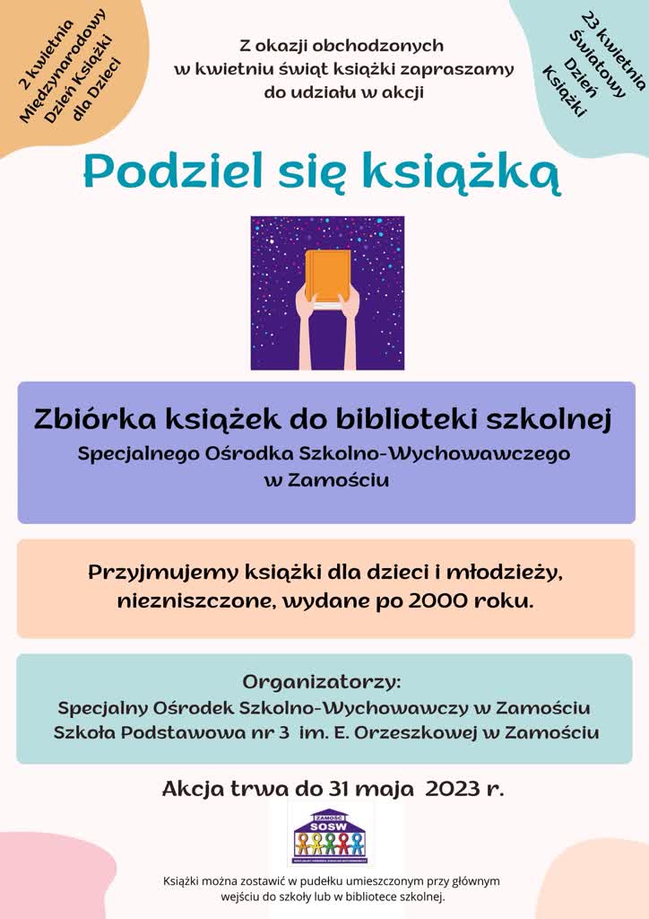 "Podziel się książką" - akcja zasili bibliotekę zamojskiego ośrodka 2 plakat akcja.jpg