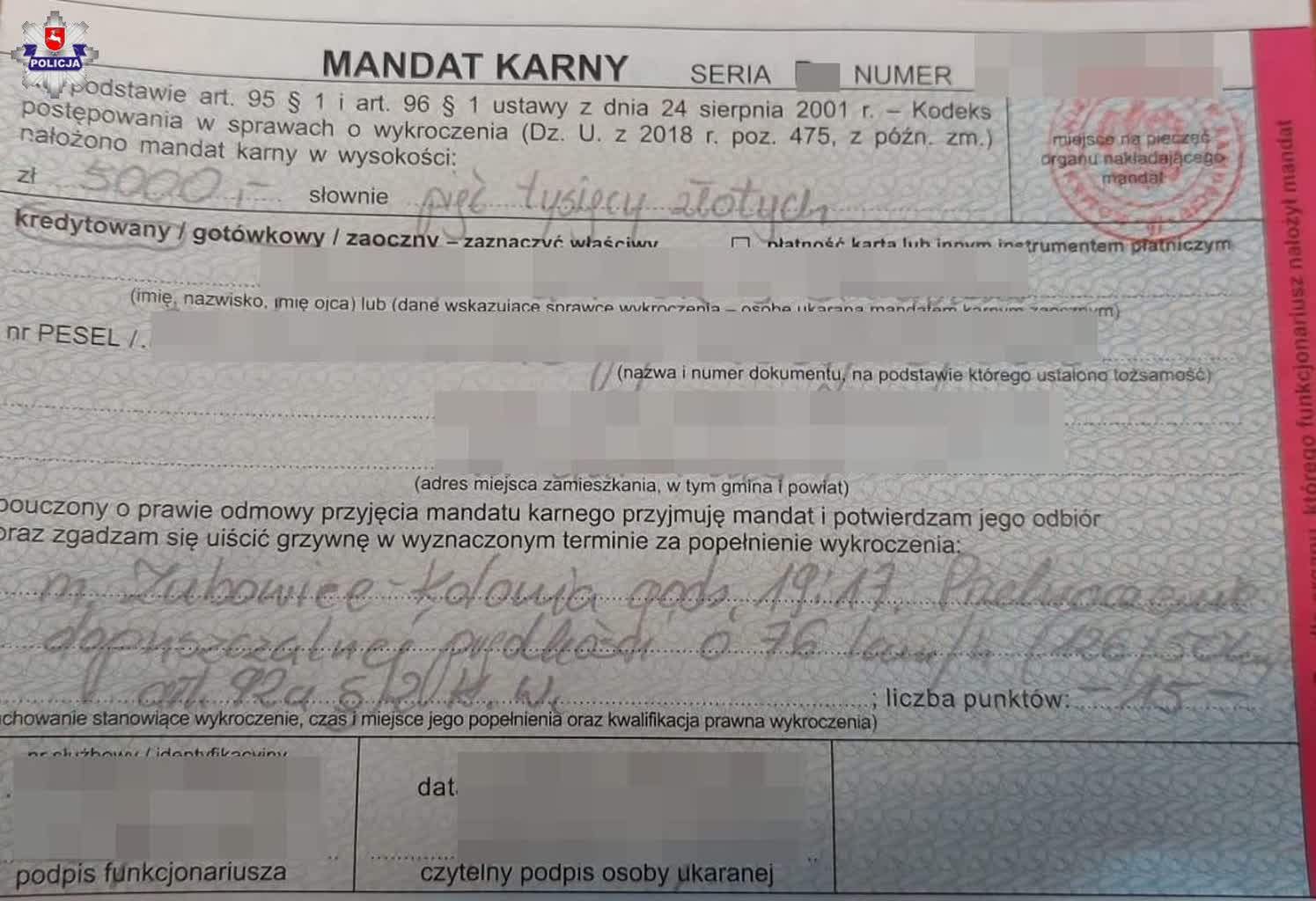 5 tys. zł za szybką jazdę. Recydywista ukarany 2 mandat.jpg