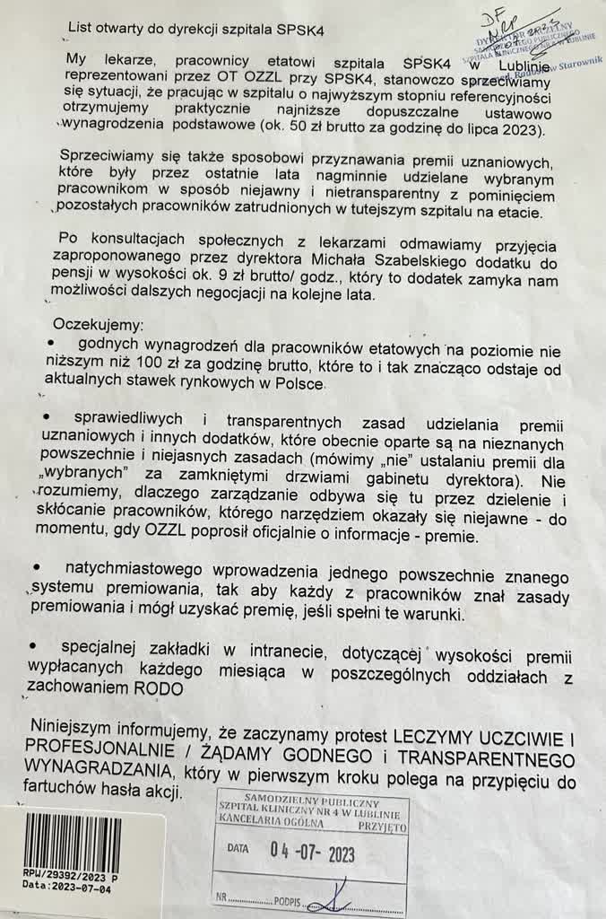 Lekarski związek mówi "nie" niesprawiedliwym płacom w lubelskim szpitalu. Jest odpowiedź dyrekcji 2 LIST1.jpg