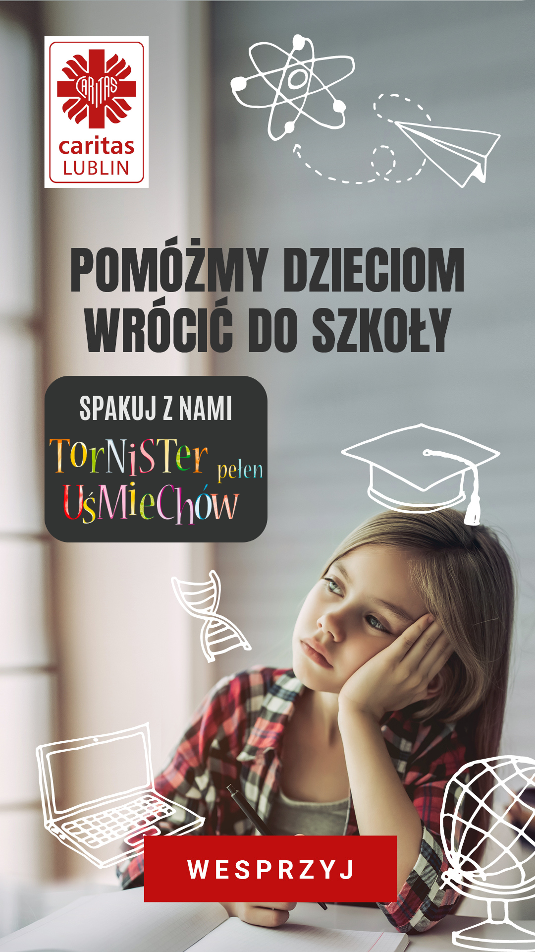 Caritas zbiera tornistry pełne uśmiechu dla Ukrainy 3 plakat pionowy TPU.png