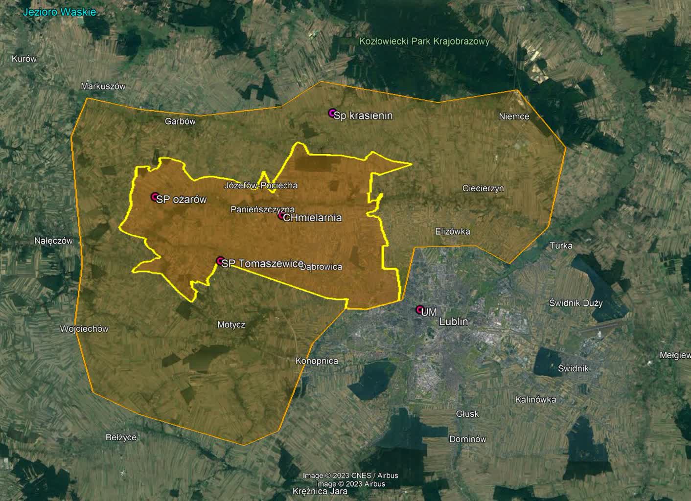 Mapka z zaznaczonym obszarem Lublina i Gminy Jastków objętym oblotami - obszar podstawowy i rozszerzony.JPG
