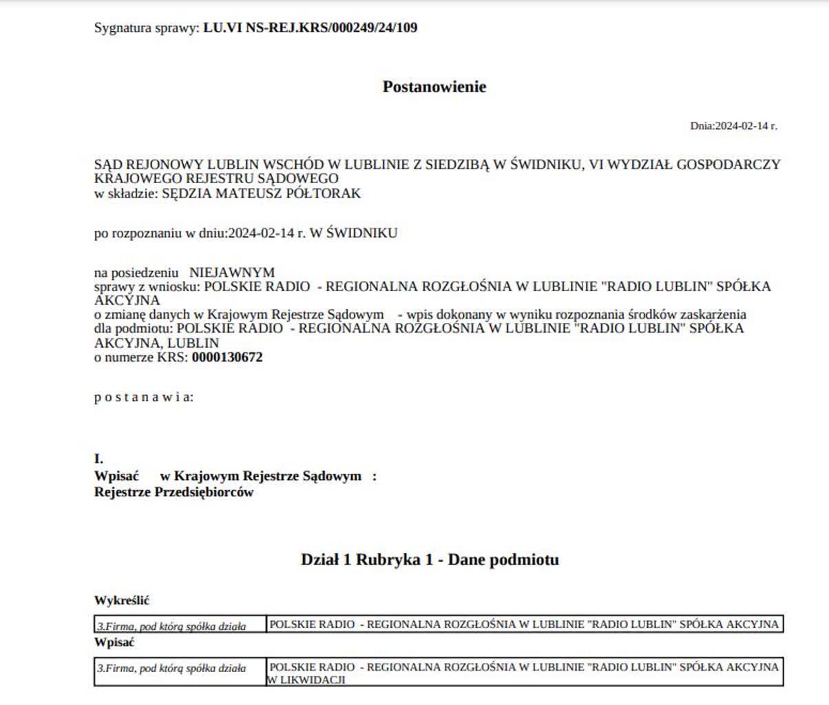 Zapis o likwidacji Radia Lublin w Krajowym Rejestrze Sądowym 2 postanowienie.JPG