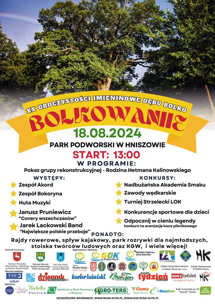 Imieniny wiekowego dębu. Hniszów zaprasza na Bolkowanie 2 http--www.gok.ruda-huta.pl-images-GALERIA-Plakaty-GOK-Bolkowanie2024.jpg