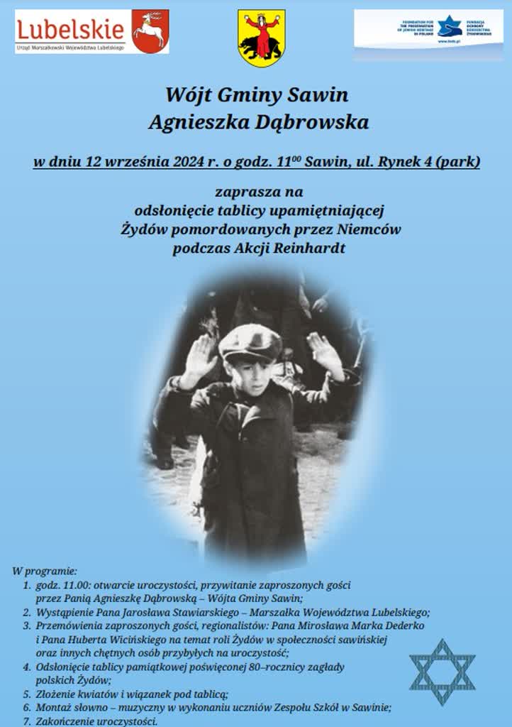 Gmina Sawin upamiętni żydowskich mieszkańców, którzy zginęli w akcji Reinhardt 2 plakat.jpg