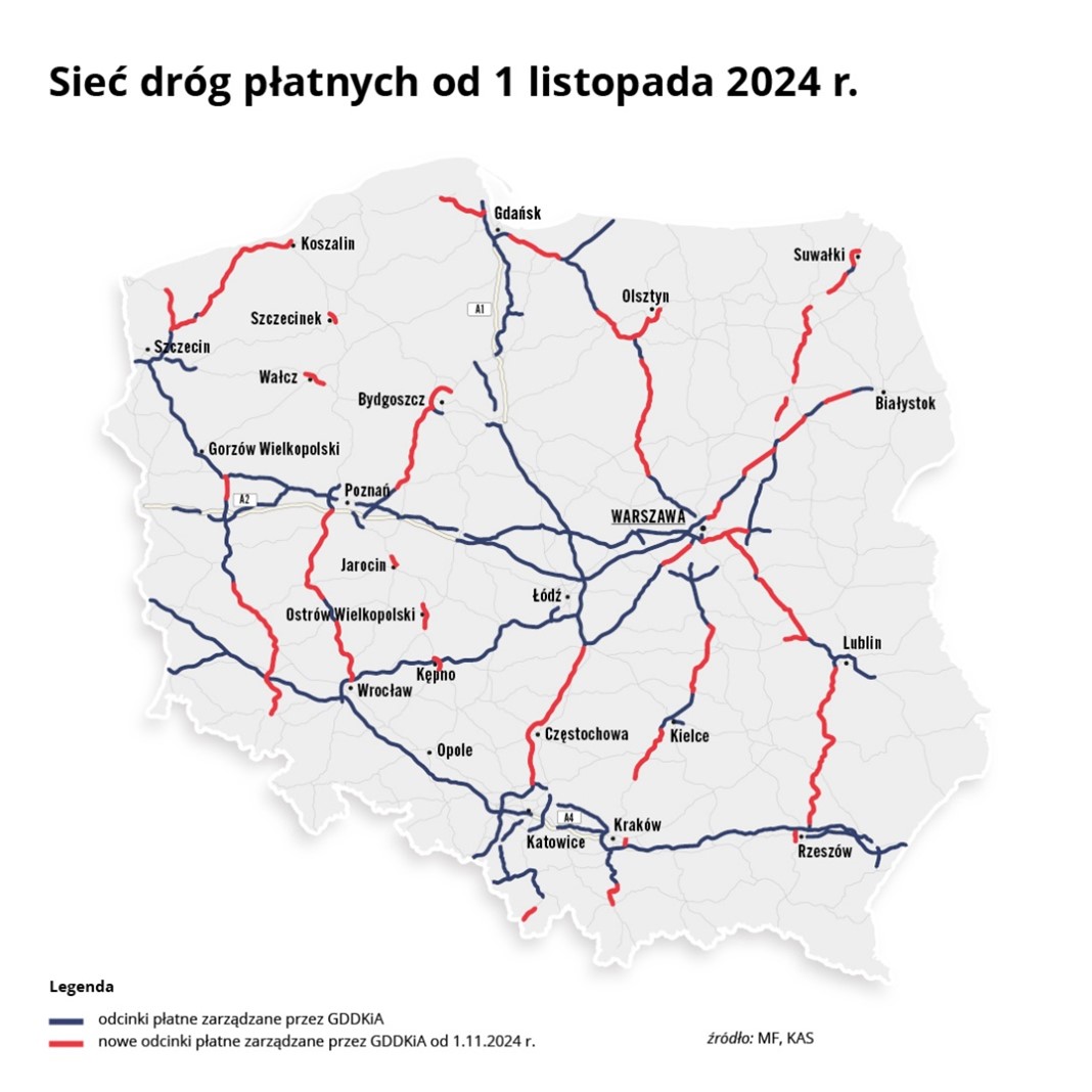 Od 1 listopada nowe odcinki dróg płatnych w e-TOLL 2 20241025_siec_drog_platnych_listopad2024.jpg