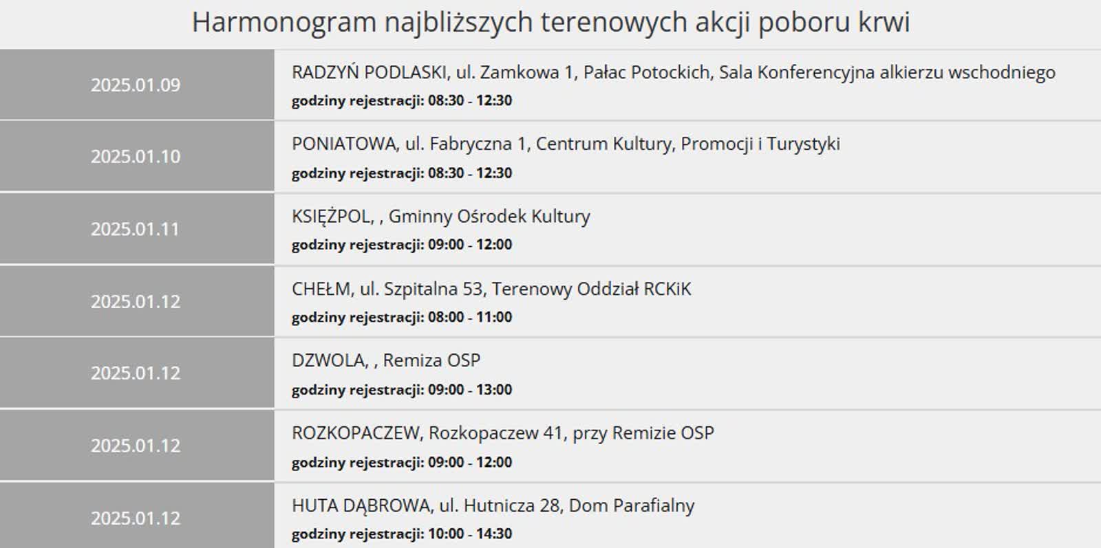 Krew ciągle potrzebna. Krwiobus stanie w Radzyniu Podlaskim 2 harmonogram.jpg