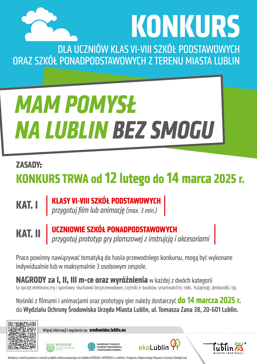 Lublin bez smogu. Konkurs ekologiczny dla lubelskich uczniów 2 Mam pomysł na Lublin bez smogu - plakat konkursowy_Miasto Lublin.png