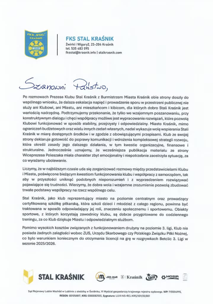 Szansa na złagodzenie sporu zarządu Stali Kraśnik z burmistrzem miasta 2 1.png