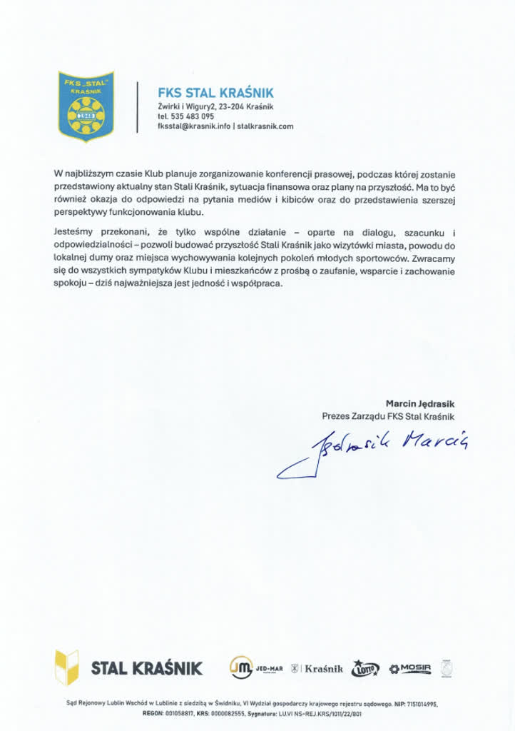 Szansa na złagodzenie sporu zarządu Stali Kraśnik z burmistrzem miasta 3 2.png