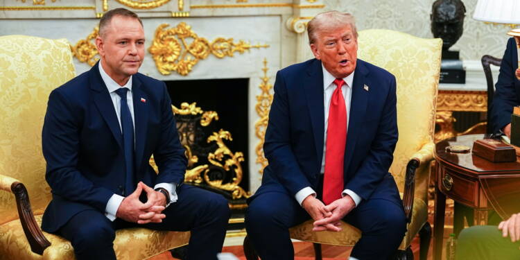 Donald Trump: Amerykańscy żołnierze zostaną w Polsce 1 epa12349252 United States President Donald J. Trump (R) and President Karol Nawrocki (L) of the Republic of Poland participate in a bilateral meeting in the Oval Office of the White House in Washington, DC, USA, 03 September 2025. EPA/AARON SCHWARTZ / POOL
Dostawca: PAP/EPA.
