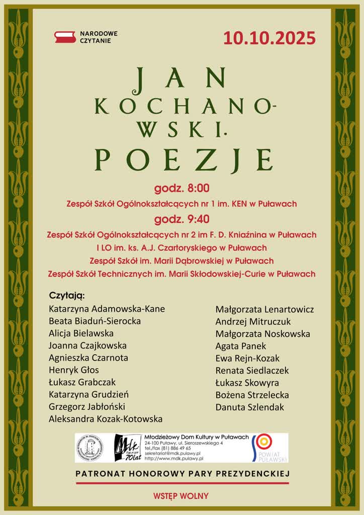 W Puławach czytają poezję Kochanowskiego 2 558908103_1131397599142067_708660025963501248_n.jpg